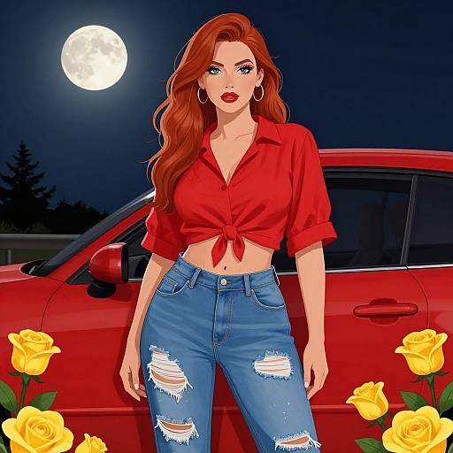 Digital illustration of a red-haired woman with long wavy hair, wearing a tied red shirt and ripped blue jeans, standing in front of a red car