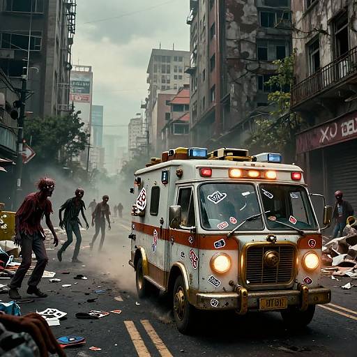 Photograph of chaotic urban street scene: zombie-like figures running, white ambulance with sirens, debris-covered road, foggy sky, old buildings in