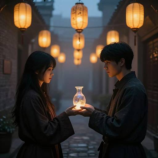 Photograph of a young Asian couple in traditional dark robes, holding a glowing lantern in a dim, lantern-lit, narrow alleyway.