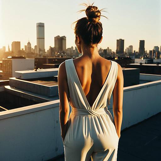 Fashion Model in Jumpsuit with Knotted Bun on Rooftop