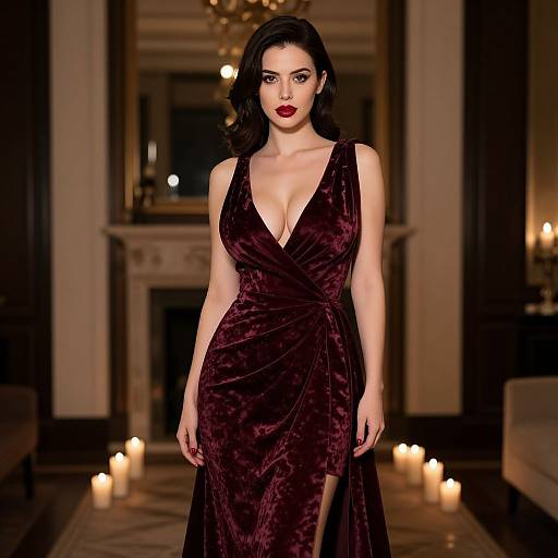 Photograph of a fair-skinned woman with dark hair, wearing a deep burgundy velvet, V-neck gown, standing in a dimly lit room