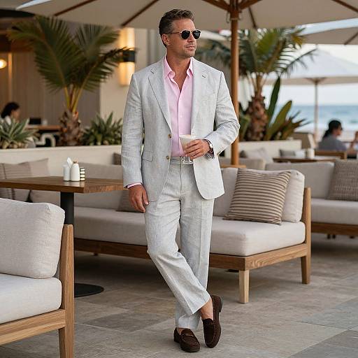 Photograph of a stylish man in a light grey suit, pink shirt, and dark loafers, wearing sunglasses, walking outdoors at a tropical café with