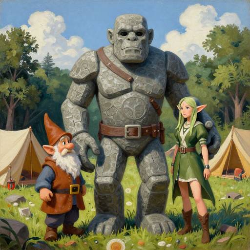 Digital painting of a gnome, elf, and giant stone gorilla in a lush forest campsite with beige tents under a blue sky.