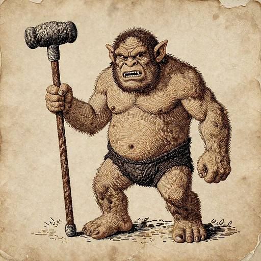 Illustration of a muscular, angry, hairy, ape-like creature with large ears, wearing black shorts, holding a large hammer, standing on a textured