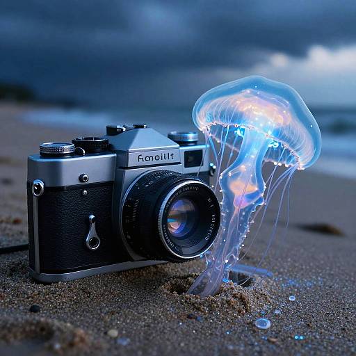 Antique Camera with Bioluminescent Jellyfish