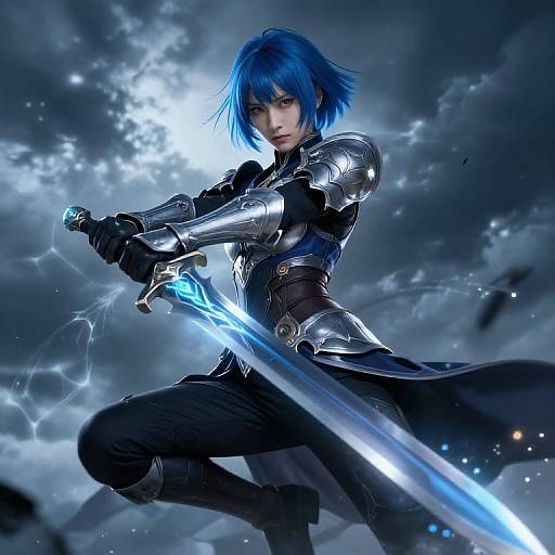 Blue-Haired Fantasy Warrior in Action