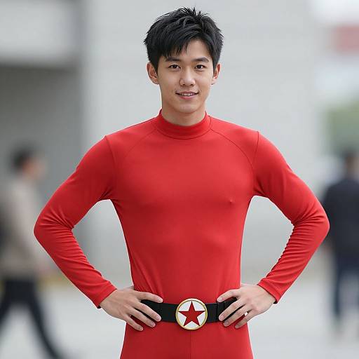 Photograph of a young Asian man with short black hair, wearing a tight red long-sleeve superhero costume with a black belt and red star emblem