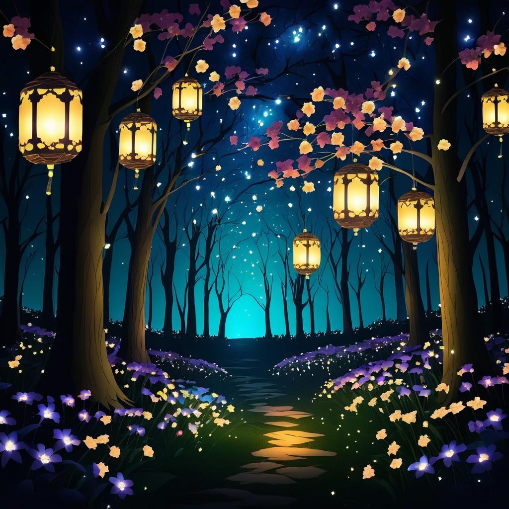 Nighttime Forest Blooms with Lanterns