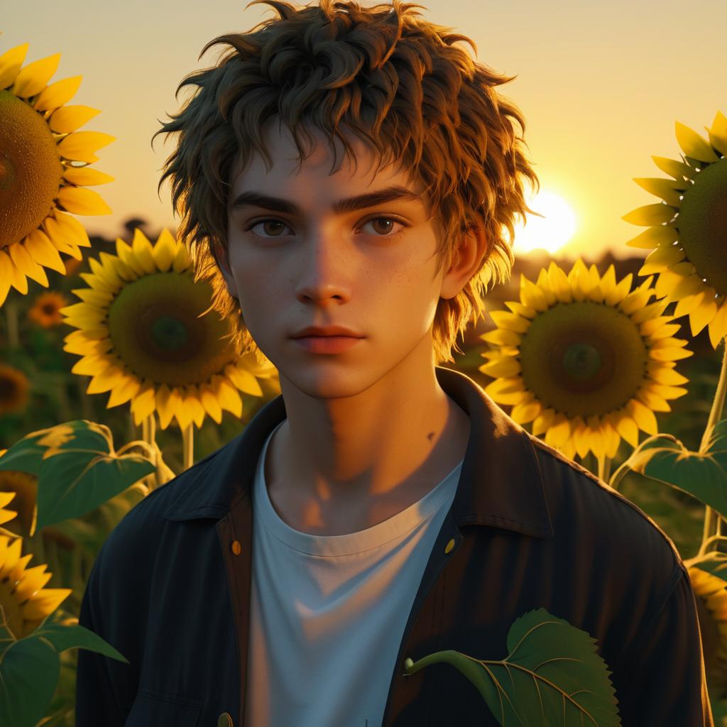 Griffin Portrait with Sunflowers at Sunset