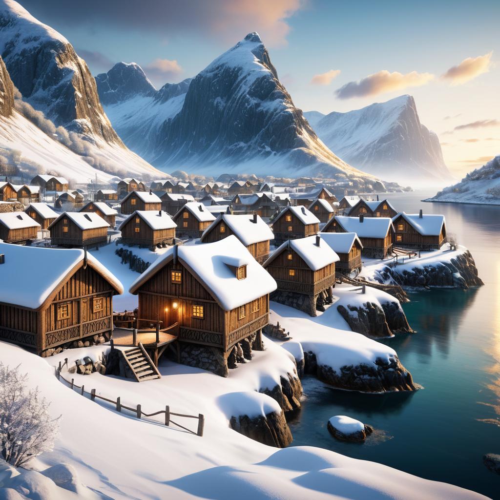 Photorealistic Nordic Viking Village at Sunset