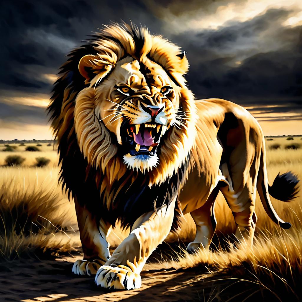 Realistic Oil Painting of Roaring Lion