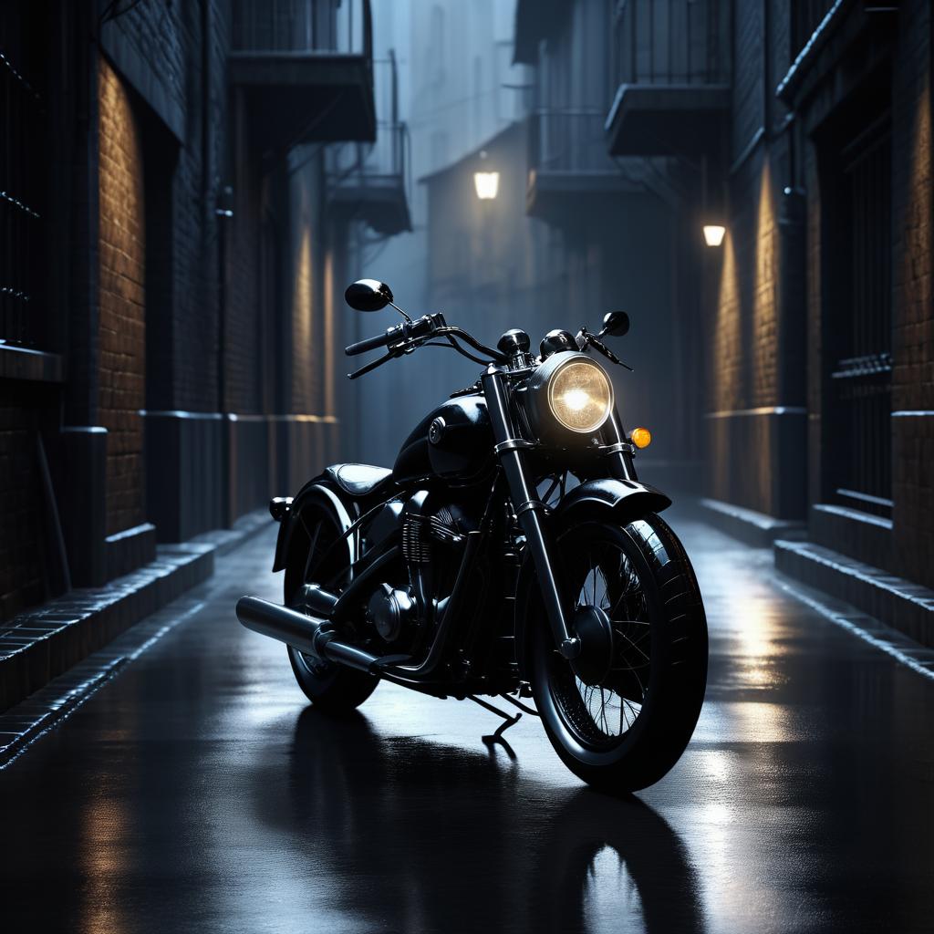 Sleek Motorcycle in Rainy Alley Scene