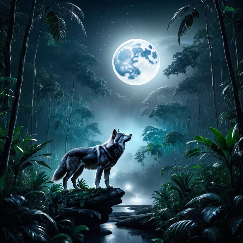 Silver Wolf in Moonlit Jungle Scene