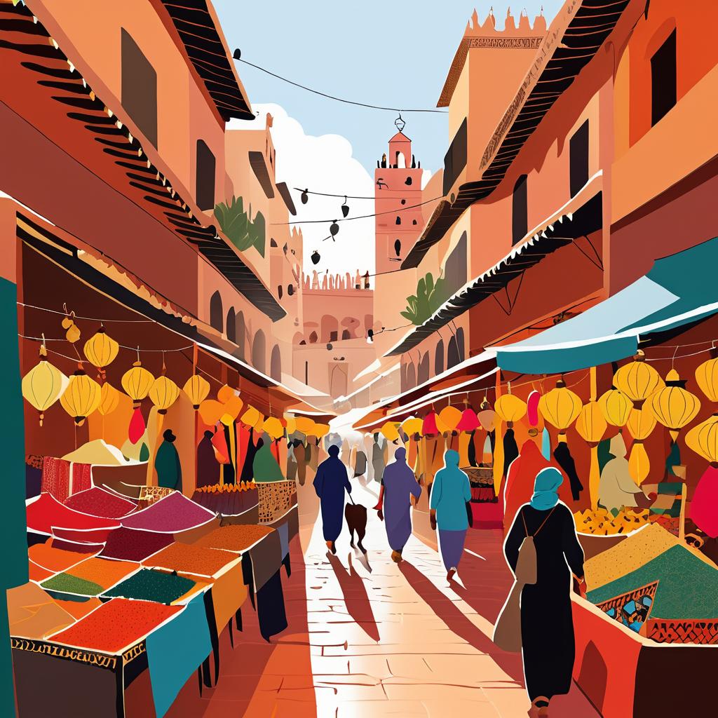 Vibrant Hand-Drawn Marrakech Market Scene