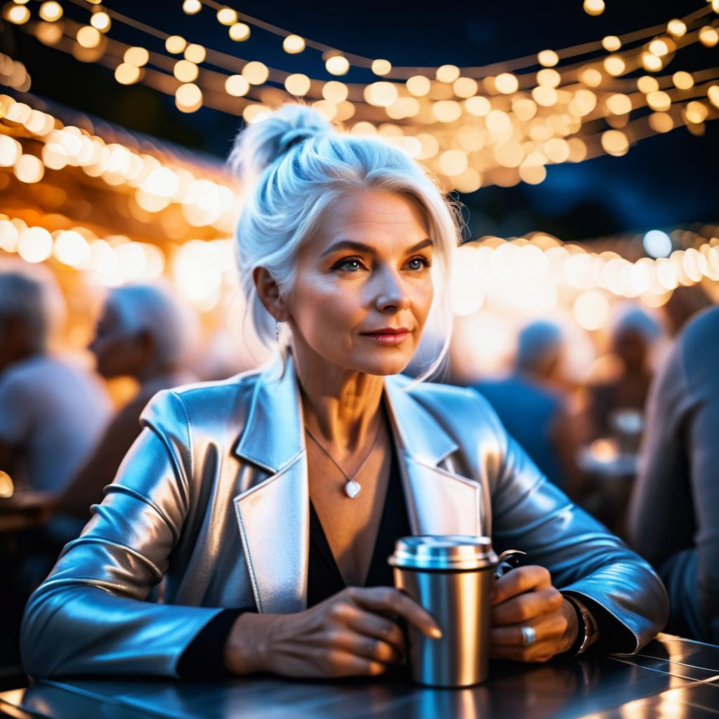 Enchanting Night Fair with Silver-Haired Woman