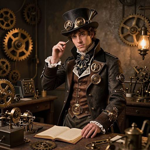 Steampunk-style photograph of a young man in a Victorian-era outfit with gears, wearing a top hat, reading an open book in a dimly