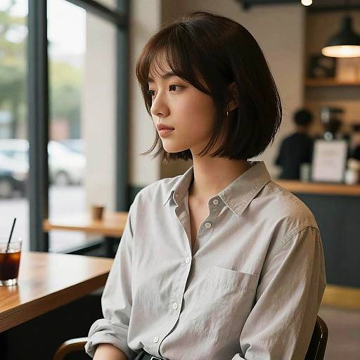Photograph of an Asian woman with short brown hair, wearing a light gray button-up shirt, sitting in a sunlit café.