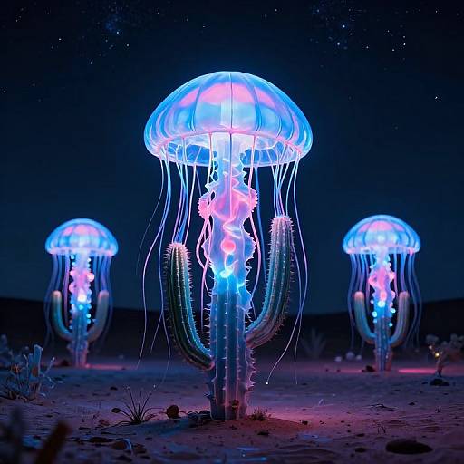 Photograph of glowing, bioluminescent jellyfish with blue and pink lights, floating in a dark desert night, surrounded by small plants.