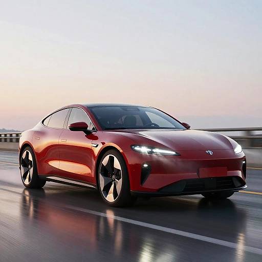Photograph of a sleek, red Hyundai sports car with bright headlights, driving on a wet, reflective road at sunset.