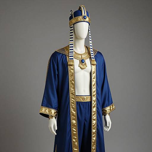Photograph of a white mannequin wearing an Egyptian-style royal outfit: deep blue robe with gold trim, striped headpiece, and gold necklace,