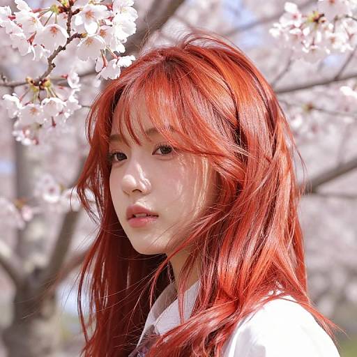 Red and Copper Hair Amid Cherry Blossoms