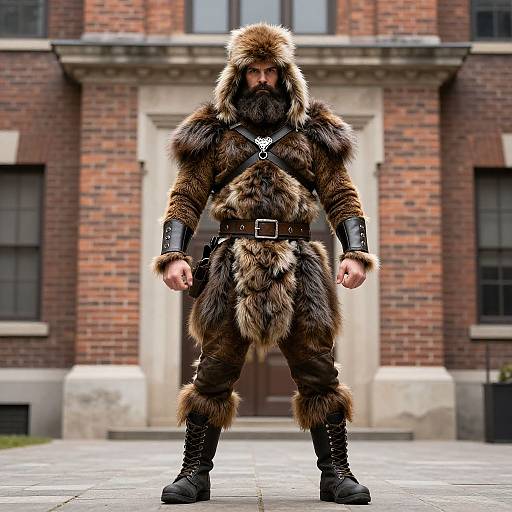 Photograph of a bearded man in a brown fur hooded robe, leather straps, and boots, standing in front of a brick building.