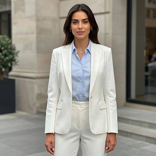 Photograph of a woman with long dark hair, wearing a white blazer and pants, light blue shirt, standing outside in a city setting.