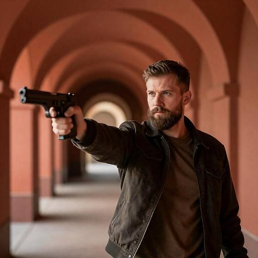 Serious Bearded Man in Corridor Scene