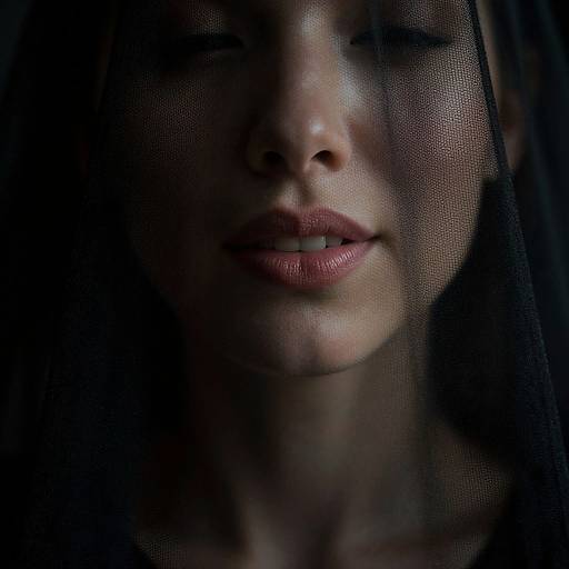 Close-up photograph of a woman's face with dark, moody lighting, partially obscured by a textured mesh, showing soft pink lips and subtle smile.