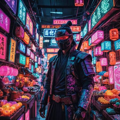 Futuristic Samurai in Neon Marketplace Futuristic Samurai in Neon Marketplace