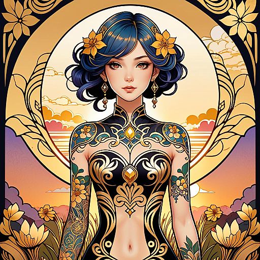 Anime Character with Art Nouveau Tattoos