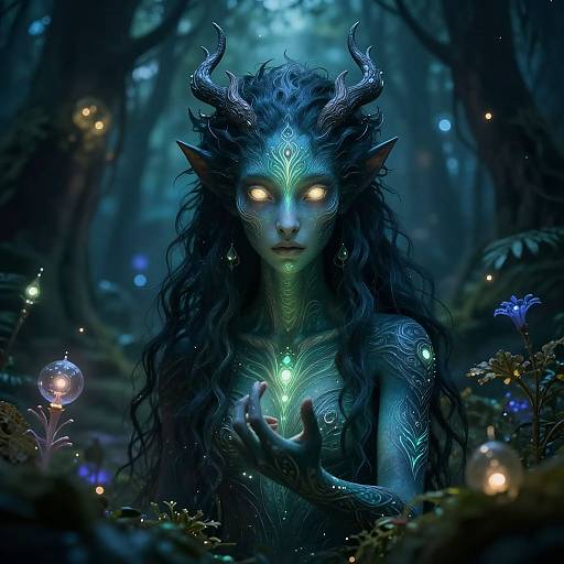 Digital fantasy artwork of a glowing, horned, blue-skinned elf with yellow eyes, intricate bioluminescent tattoos, holding a green gem in