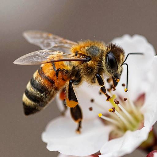 Close-up photograph of a buzzing bee with orange and black striped fur, translucent wings, and black legs, feeding on a white flower with yellow stam