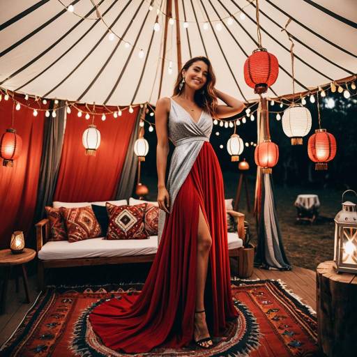 Elegant Woman in Red and Silver Gown in Bohemian Tent