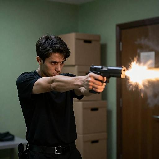 Dramatic Indoor Scene with Gunman