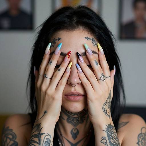 Photograph of a tattooed woman with black hair, covering her face with multi-colored, long, pointed fingernails, wearing nose rings and rings