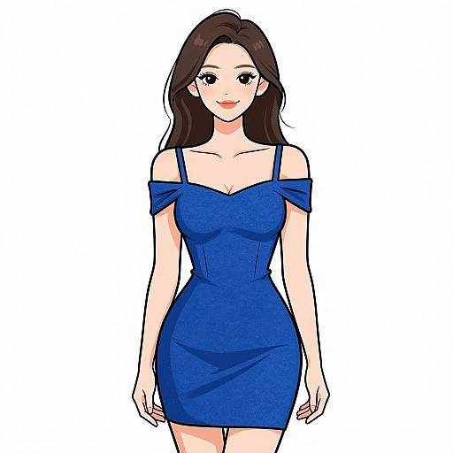 Digital anime-style drawing of a smiling woman with long brown hair, wearing an off-shoulder, form-fitting blue dress, standing against a plain