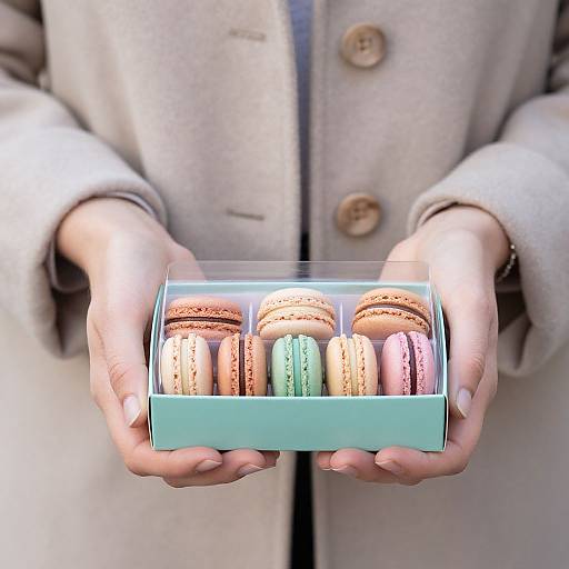 Photograph of hands holding a box of assorted macarons in pastel colors, wearing a beige coat with wooden buttons.