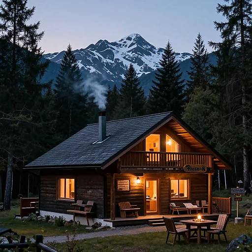 Photograph of a wooden mountain cabin with warm lights, surrounded by pine trees, and snow-capped peaks at dusk. Smoke rises from the chimney.