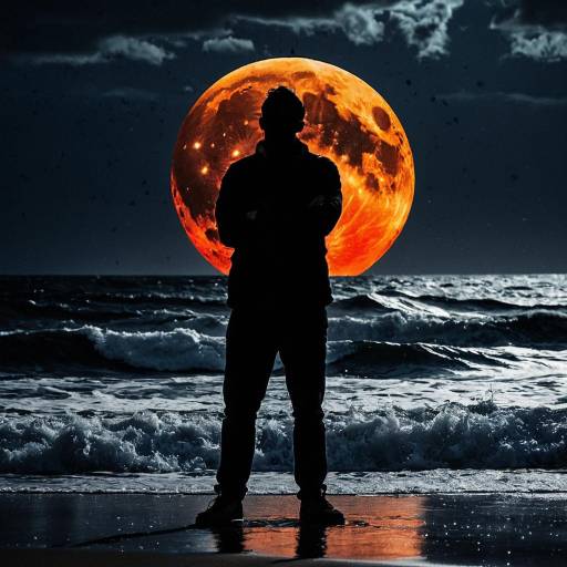 Silhouette of Man with Cracked Orange Moon Over Stormy Ocean Silhouette of Man with Cracked Orange Moon Over Stormy Ocean
