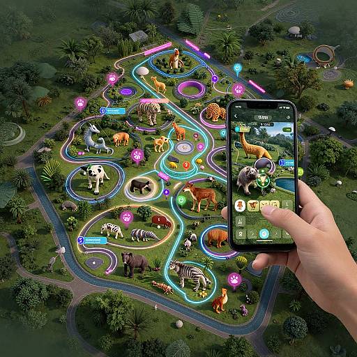 Digital aerial view of a colorful, neon-lit safari game on a smartphone, showcasing various animals on a lush, tree-filled landscape.