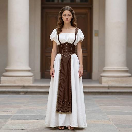 Photograph of a young woman with wavy brown hair, wearing a white dress with a brown bodice and apron, standing in front of a