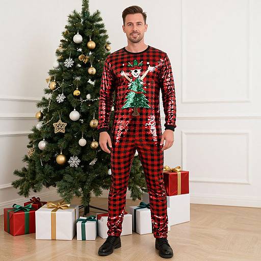 Photograph of a smiling man in red and black plaid sequin pajamas with a Christmas tree and wrapped gifts in the background.