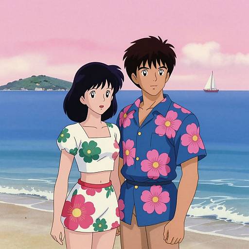 Anime-style drawing of a couple standing on a beach at sunset, wearing floral clothes; she in white, he in blue shirt.