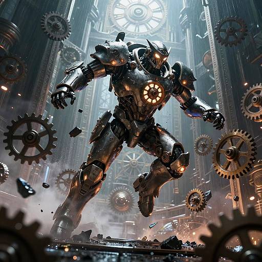 CGI image of a towering, metallic, robotic warrior with glowing orange eyes, surrounded by floating gears in a smoky, industrial cathedral.