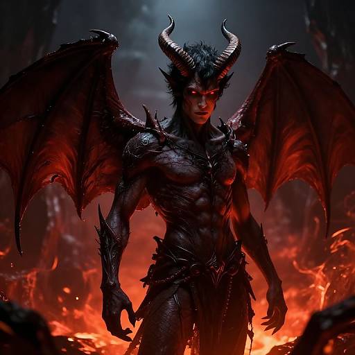 Digital art of a muscular, black-scaled demon with red eyes, large horns, and wings standing in a fiery, volcanic landscape.