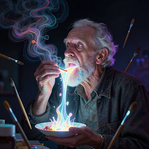 Photograph of an elderly man with white hair and beard, smoking a pipe, illuminated by a vibrant, glowing plate of food. Paintbrushes surround