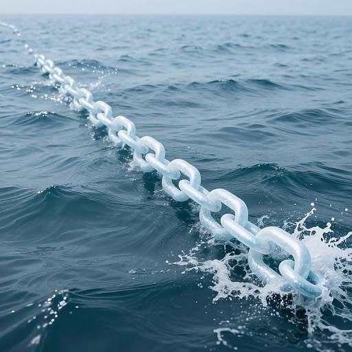 Photograph of a white anchor chain cutting through dark blue ocean waves, creating a frothy trail with sunlight reflecting off the water.