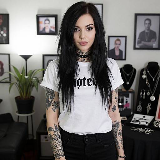 Photograph of a tattooed woman with long black hair, wearing a white 