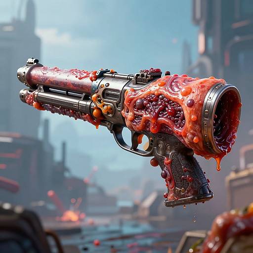 Digital artwork of a black, futuristic handgun covered in dripping, red, gooey slime, floating in a smoky, dystopian cityscape.